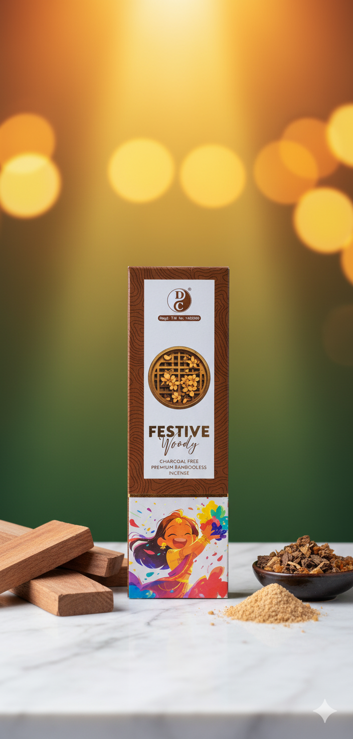 Festive Woody Premium Charcoal-Free Bambooless Incense Sticks – Long Lasting Fresh Woody Aroma | 90g DC Collection | Pure Natural Incense for Home & Puja - DEVATRII INCENSE