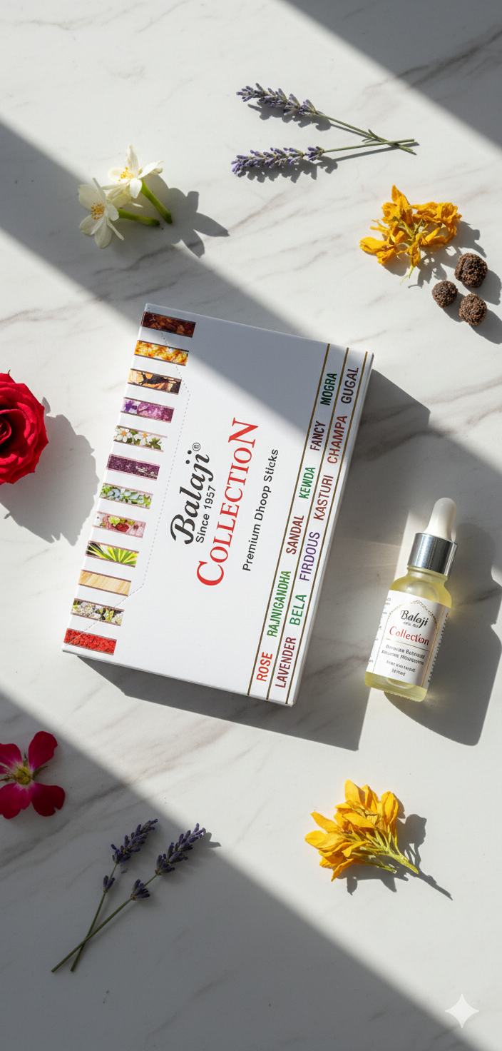 Balaji Bambooless Premium Incense Stick Collection Box (12 Fragrances, 10 Sticks Each) – Rose, Mogra, Gugal, Rajnigandha & More | Devatrii - DEVATRII INCENSE