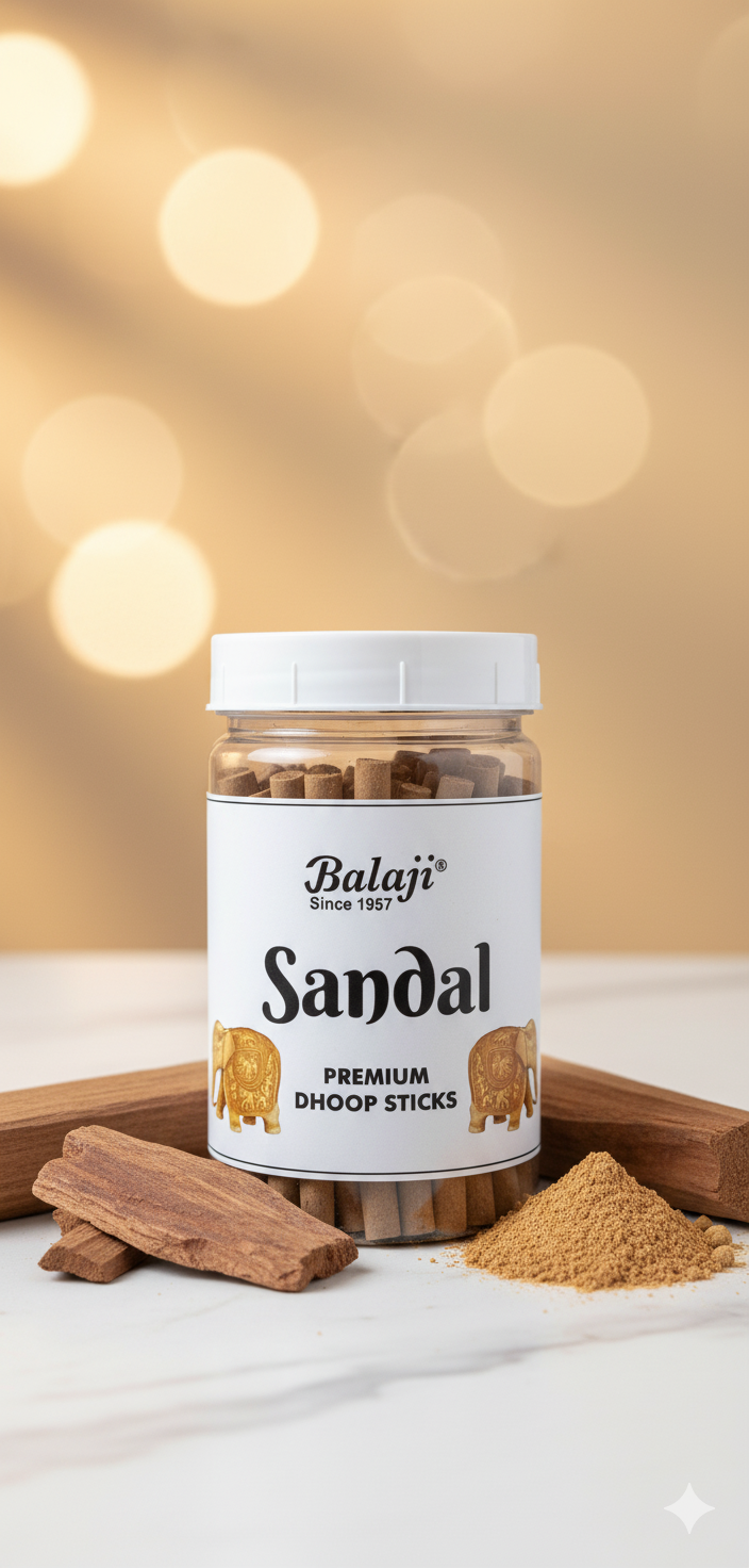 Balaji Sandal Premium Bambooless Incense Stick Jar (100 gms) – Pure Sandalwood Fragrance for Puja, Meditation & Home | Devatrii Incense - DEVATRII INCENSE