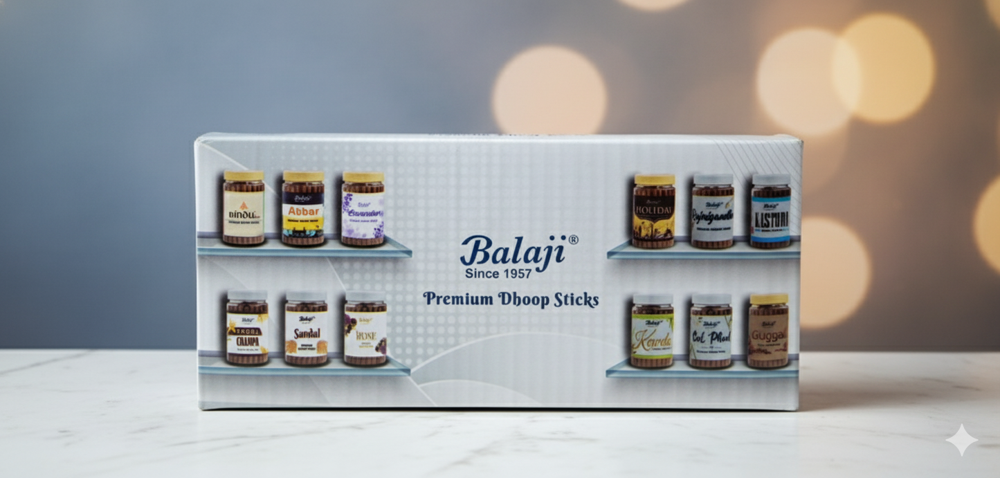 Balaji 12 Flavors Bambooless Premium Dhoop jar (12 Different flavour) 100 Grms Each Whole box - DEVATRII INCENSE