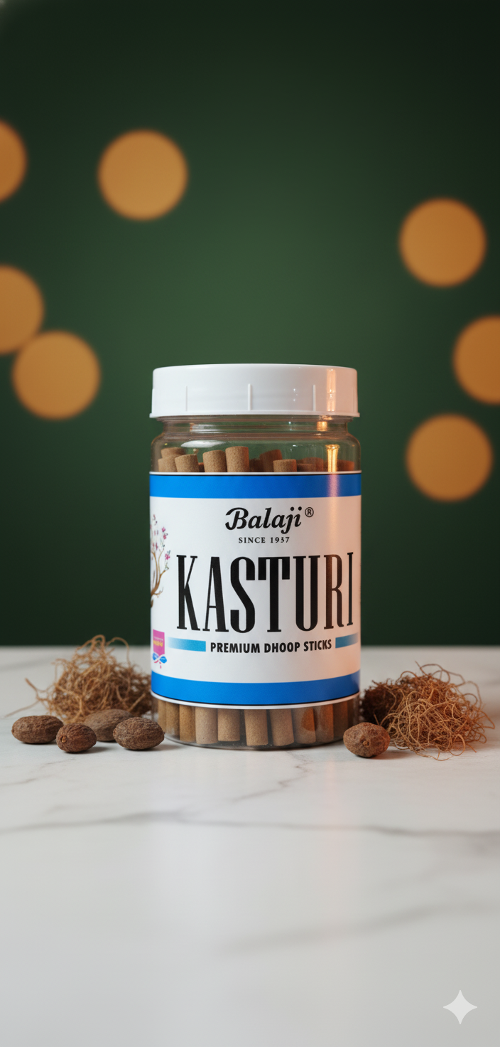 Balaji Kasturi Premium Bambooless Incense Sticks (100 gms) – Long Lasting Musk Fragrance for Puja, Meditation & Home | Devatrii - DEVATRII INCENSE