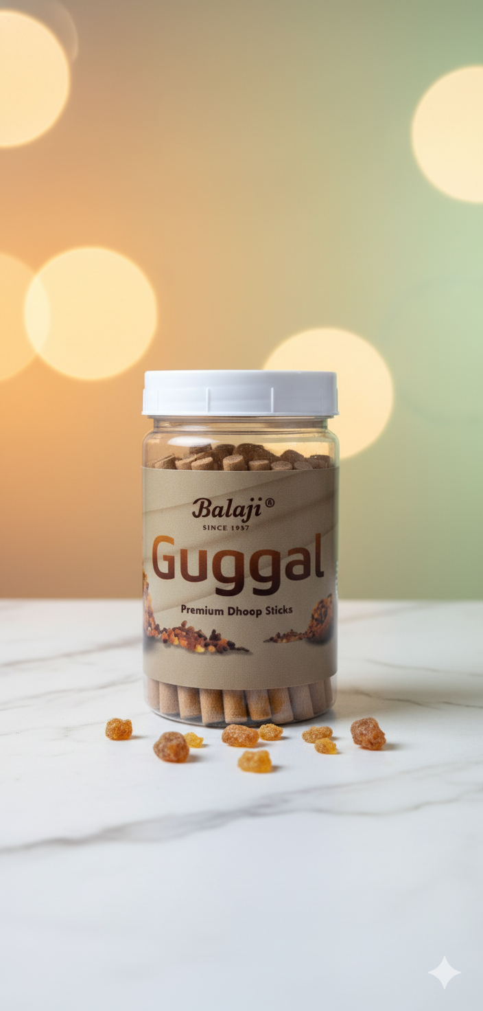 Balaji Guggal Bambooless Premium Incense Sticks Jar (100 gms) – Natural Guggal Aroma for Puja, Meditation & Home Purification | Devatrii - DEVATRII INCENSE