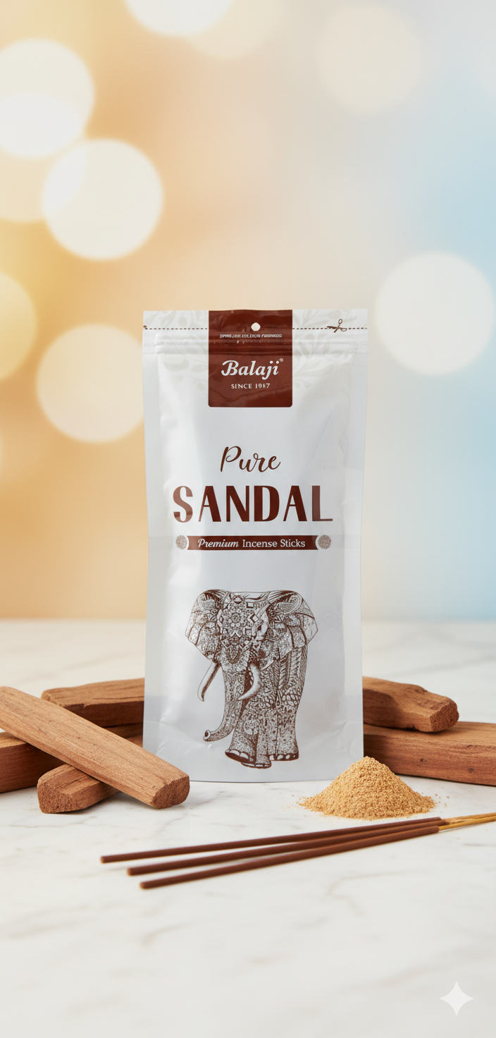 Balaji Pure Sandal Premium Incense Stick Zipper (100 gms) – Authentic Sandalwood Fragrance for Puja, Meditation & Home | Devatrii - DEVATRII INCENSE