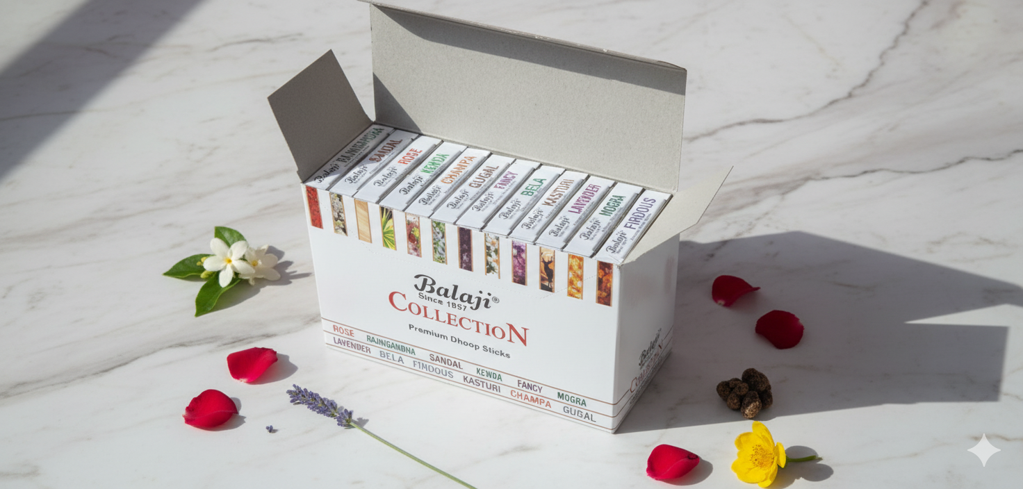 Balaji Bambooless Premium Incense Stick Collection Box (12 Fragrances, 10 Sticks Each) – Rose, Mogra, Gugal, Rajnigandha & More | Devatrii - DEVATRII INCENSE