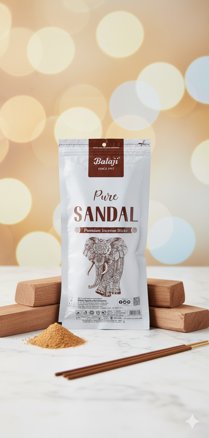 Balaji Pure Sandal Premium Incense Stick Zipper (100 gms) – Authentic Sandalwood Fragrance for Puja, Meditation & Home | Devatrii - DEVATRII INCENSE