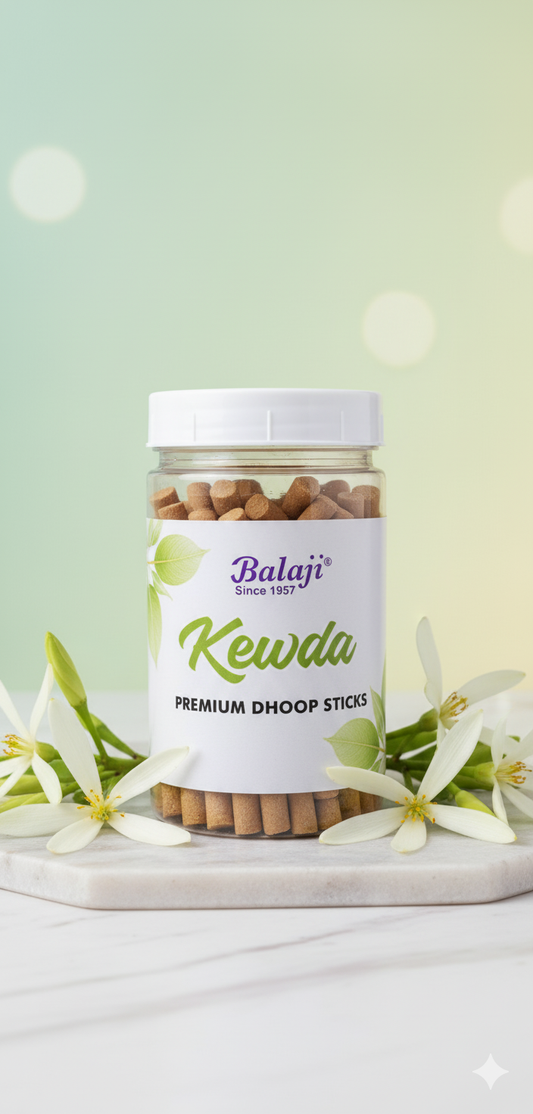 Balaji Kewda Premium Incense Sticks Jar (100 gms) – Long Lasting Natural Floral Fragrance for Puja, Meditation & Home | Devatrii - DEVATRII INCENSE