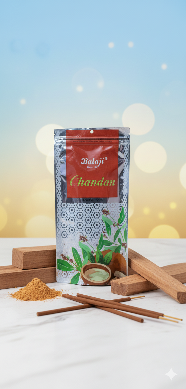 Balaji Chandan Premium Incense Sticks – Long Lasting Pure Sandalwood Aroma | 120g Zipper Pack | Premium Devotional Incense for Home & Temple - DEVATRII INCENSE