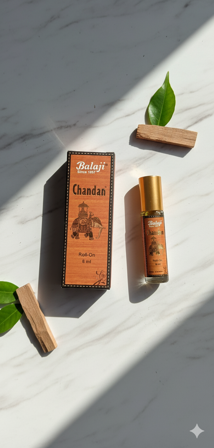 Balaji Chandan Sandalwood Premium Roll-On Attar 8ml – Long Lasting Natural Fragrance for Men & Women | Devatrii - DEVATRII INCENSE