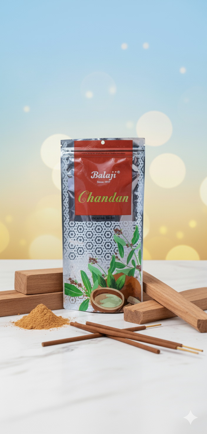 Balaji Chandan Premium Incense Sticks – Long Lasting Pure Sandalwood Aroma | 120g Zipper Pack | Premium Devotional Incense for Home & Temple - DEVATRII INCENSE